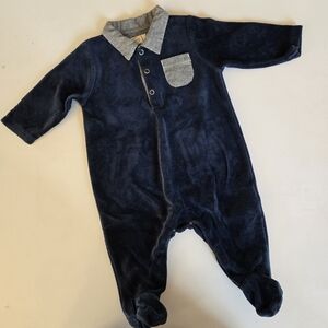 Peek Navy Blue Kids Velour Footie with Checkered Collar & Pocket 3-6m